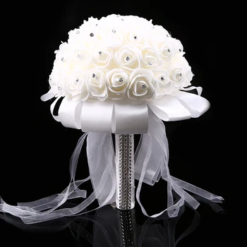 Искусственные свадебные букеты Имитация белой розы с лентой, аксессуары для свадебных букетов для подружек невесты из горного хрусталя