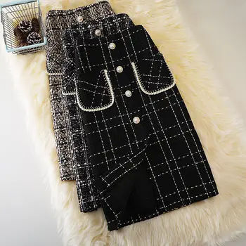 Корейский стиль, Твидовые Шикарные юбки-карандаш Миди в клетку, карманы, металлические пуговицы, юбки длиной до колен.