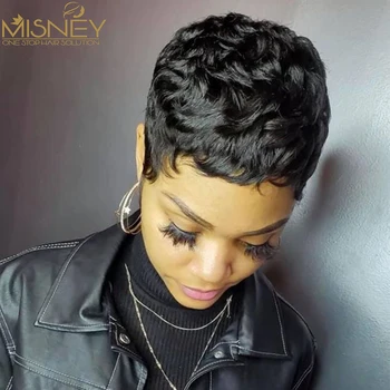 Короткие парики из человеческих волос с прямыми волосами натурального цвета Бразильский парик Remy Pixie Cut Дешевый парик из человеческих волос для чернокожих женщин Misney