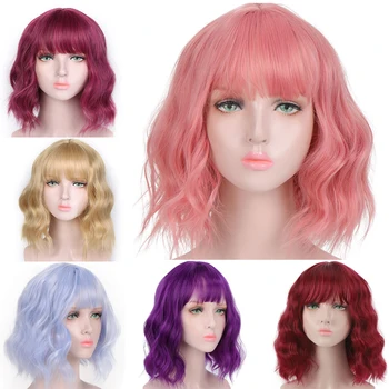 Короткий розовый парик Боб Омбре Для женщины с челкой, синтетические волосы с водной волной, косплей Лолиты, Термостойкие натуральные волосы
