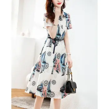 Модное Женское элегантное платье Миди с принтом с вырезом-поло, летняя новая женская одежда, Корейские повседневные платья с коротким рукавом и высокой талией