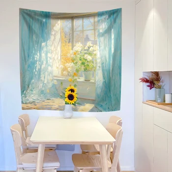 Небольшой свежий Гобеленовый оконный пейзаж с цветочным принтом, спальня в общежитии, задняя часть, ткань, настенный домашний декор