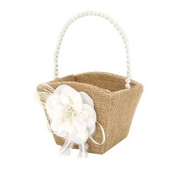 Новая корзина для цветочницы из деревенской мешковины для винтажной свадьбы в деревенском стиле, корзина для цветов с жемчужной ручкой