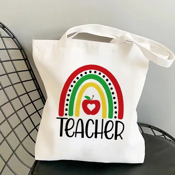 Новая художественная печать с милым мультяшным радужным письмом, белая холщовая сумка-тоут для студентов колледжа и учителей, сумки для книг, дорожная сумка