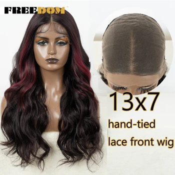 Парик FREEDOM Синтетический кружевной Фронтальный парик для женщин 13x7 Длинных волнистых HD Прозрачный 99J Омбре Коричневый Кружевной Фронтальный парик Highlight Косплей Парик