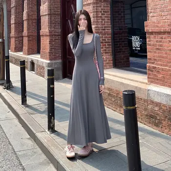 Платье с длинными рукавами во французском нежном стиле, квадратная горловина, новое длинное платье в стиле Хепберн, юбка-трапеция с эластичной талией, осеннее платье 2023