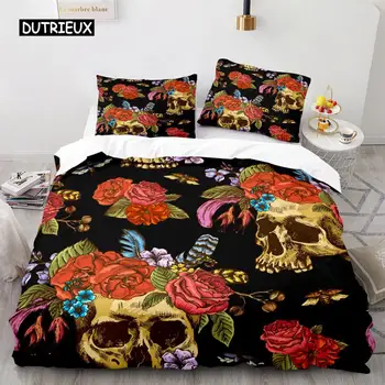Пододеяльник Sugar Skull Комплект постельного белья King Microfiber Rose с цветочным рисунком Черепа, черный, красный, оранжевый, двойной пододеяльник Skeleton