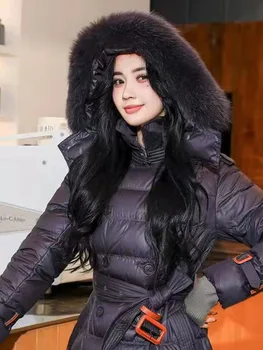 Роскошные тонкие длинные пуховики для женщин, зимние пальто с капюшоном и воротником из натурального меха, женские толстые теплые парки, пальто