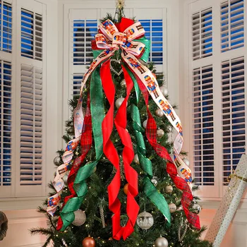 Топпер для рождественской елки Бант из мешковины для рождественской елки с длинными лентами Рождественские украшения для вечеринки в виде венка на двери фестиваля