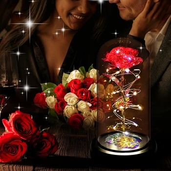 Цветок, Искусственная роза в стеклянном куполе со светодиодной подсветкой, Искусственные цветы, Красная роза, День Святого Валентина, День матери, Свадебное украшение