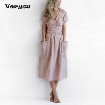 Элегантное офисное женское длинное платье с глубоким V-образным вырезом, женское весенне-летнее платье с коротким рукавом, сексуальное женское пляжное платье с тонкой талией, Vestidos