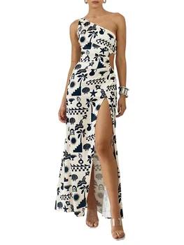 Элегантное платье Макси без рукавов с цветочным принтом, разрезом сбоку и дизайном на одно плечо